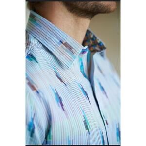 Robert Graham Blue Vertical Blocks Embroidered Flip Cuff Classic Fit Size 2XL